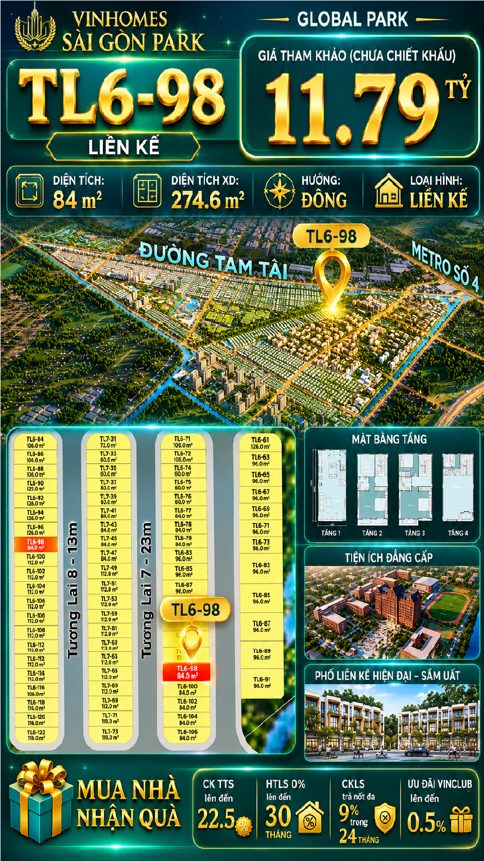 Nhà phố Vinhomes Sài Gòn Park TL6-98 PK Global Park giá 11.59 tỷ