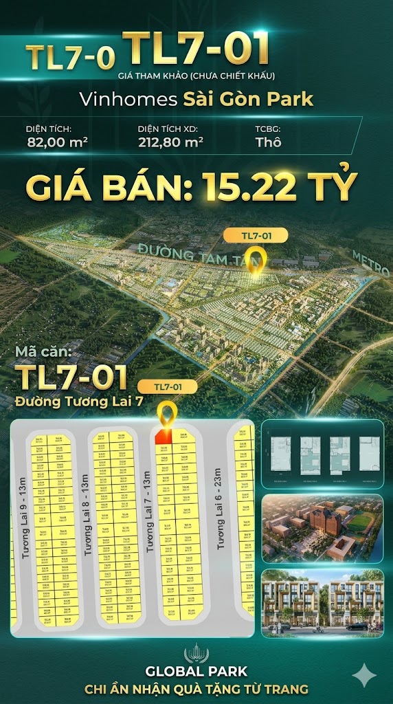 Nhà phố liền kề góc TL7-01 GLOBAL PARK Vinhomes Sài Gòn Park Giá 15.22 Tỷ