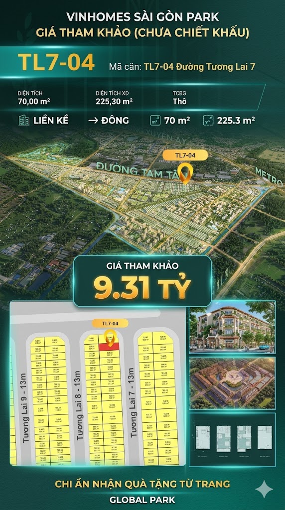 Nhà phố liền kề TL7-04 GLOBAL PARK Vinhomes Sài Gòn Park Giá 9.31 Tỷ