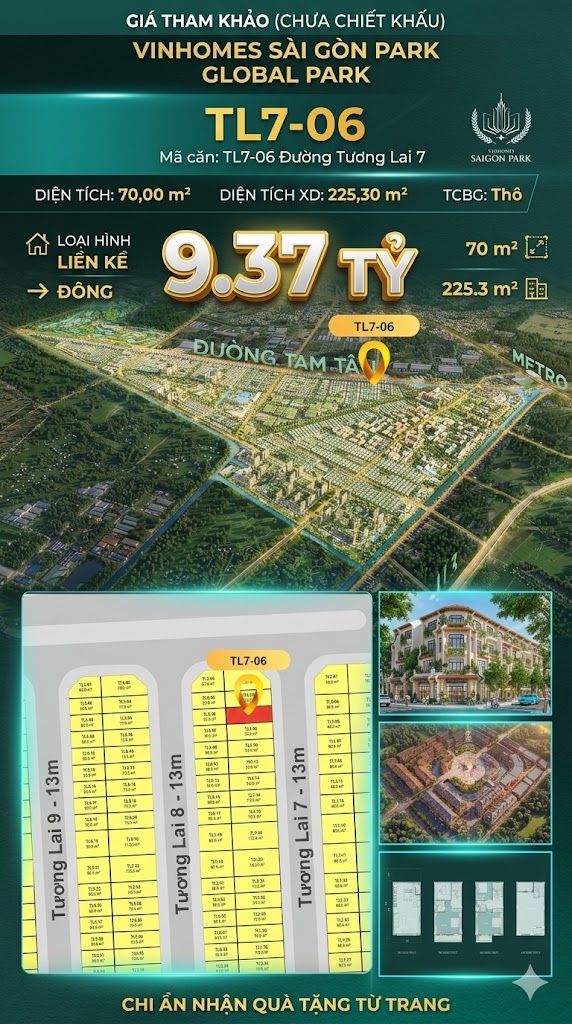 Nhà phố liền kề TL7-06 GLOBAL PARK Vinhomes Sài Gòn Park Giá 9.37 Tỷ