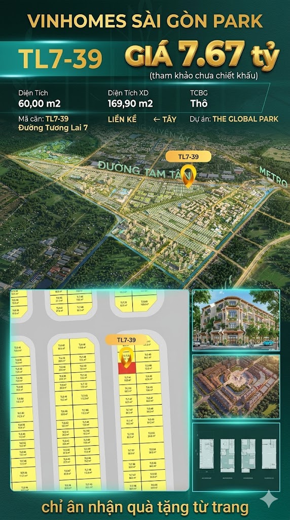 Nhà phố liền kề TL7-39 GLOBAL PARK Vinhomes Sài Gòn Park Giá 7.67 Tỷ