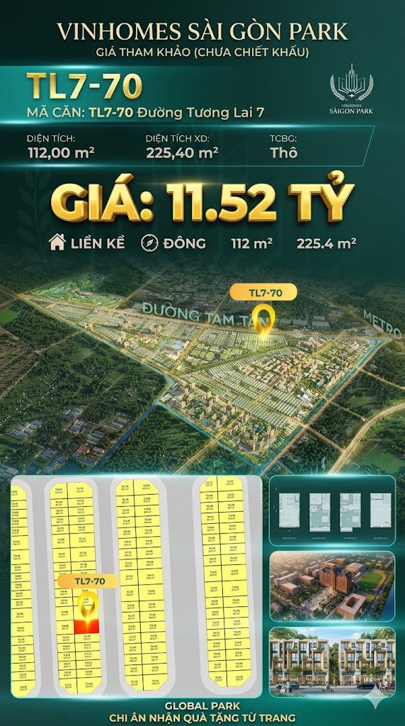 Nhà phố liền kề TL7-70 GLOBAL PARK Vinhomes Sài Gòn Park Giá 11.52 Tỷ