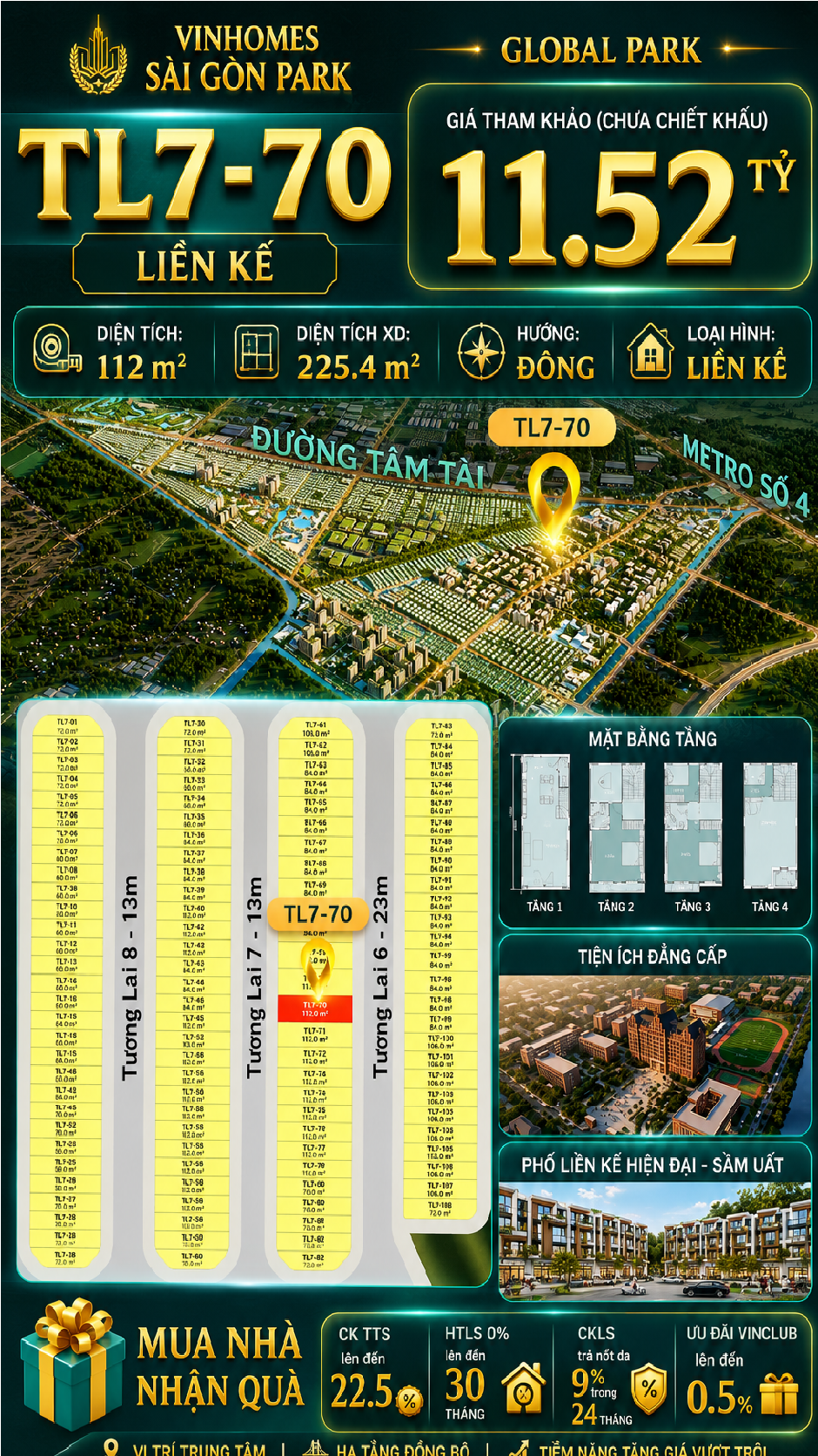 Nhà phố Vinhomes Sài Gòn Park TL7-70 PK Global Park giá 11.52 tỷ
