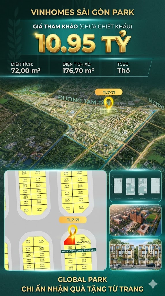 Nhà phố liền kề TL7-71 GLOBAL PARK Vinhomes Sài Gòn Park Giá 10.95 Tỷ