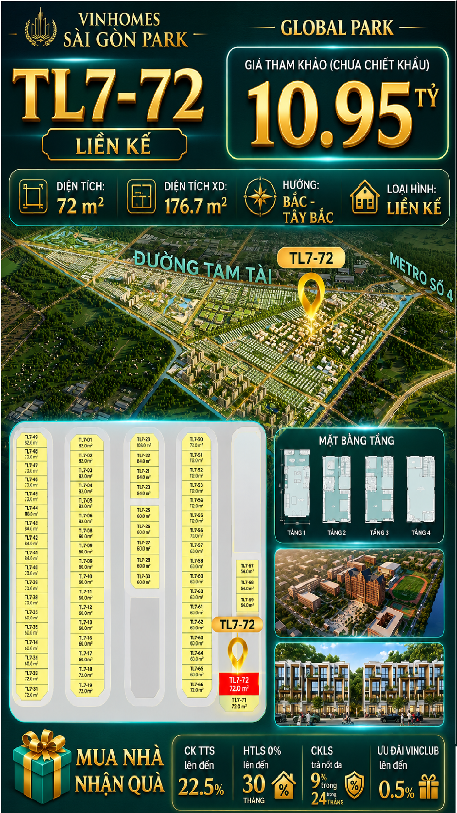 Nhà phố Vinhomes Sài Gòn Park TL7-72 PK Global Park giá 10.95 tỷ