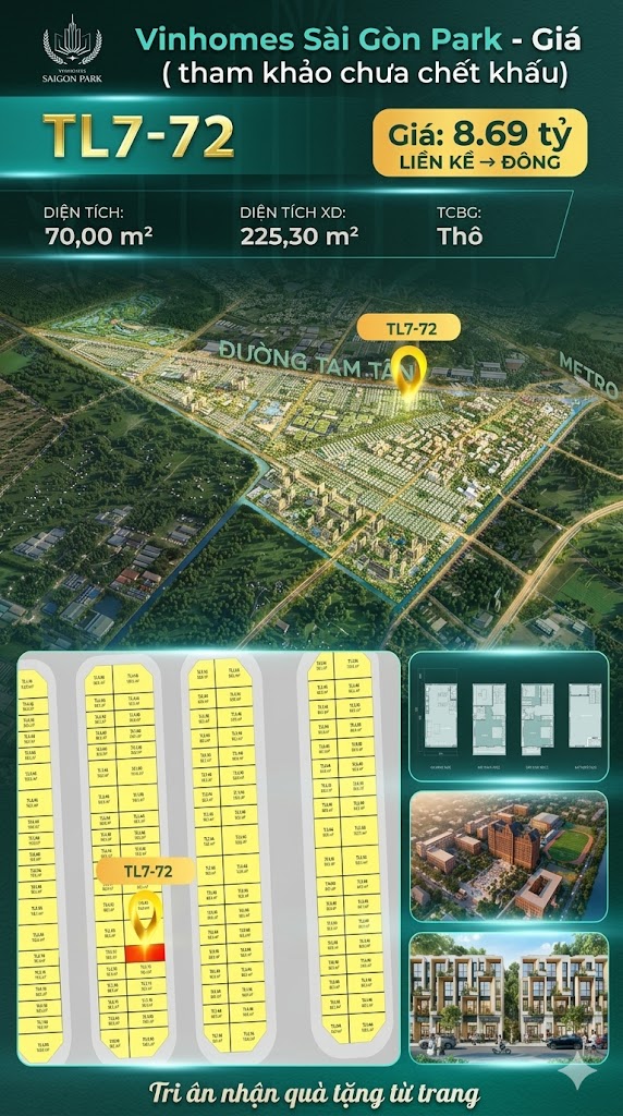 Nhà phố liền kề TL7-72 GLOBAL PARK Vinhomes Sài Gòn Park Giá 8.69 Tỷ