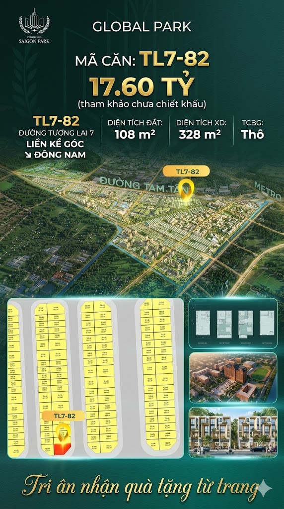 Nhà phố liền kề góc TL7-82 GLOBAL PARK Vinhomes Sài Gòn Park Giá 17.60 Tỷ
