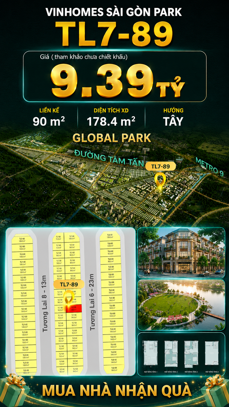 Nhà phố Vinhomes Sài Gòn Park TL7-89 PK Global Park giá 9.39 tỷ