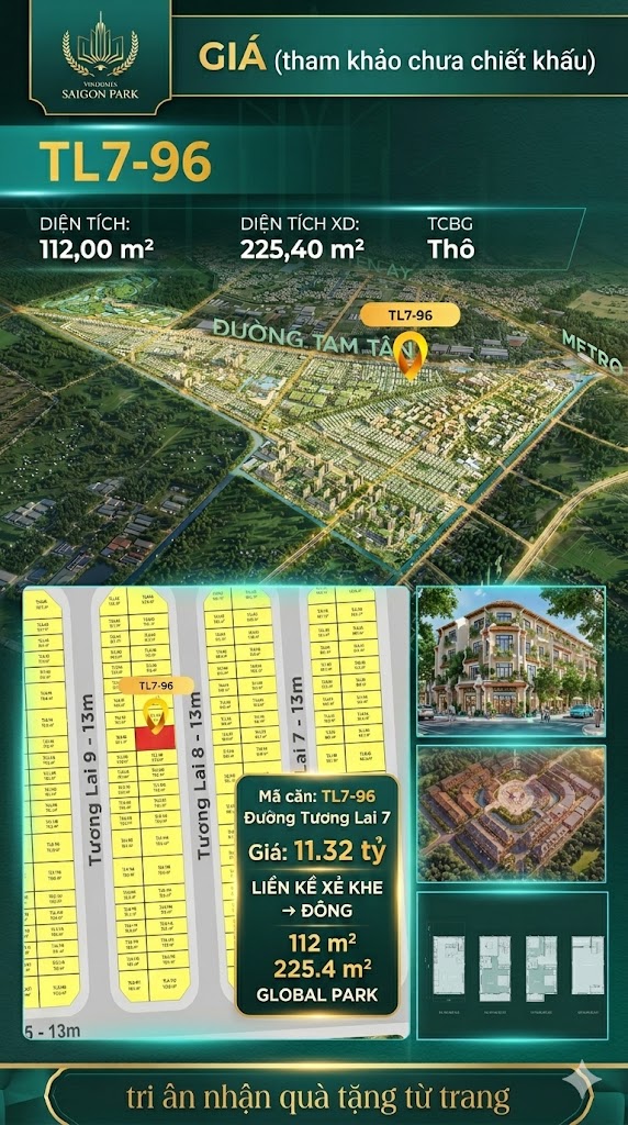 Nhà phố liền kề xẻ khe TL7-96 GLOBAL PARK Vinhomes Sài Gòn Park Giá 11.32 Tỷ