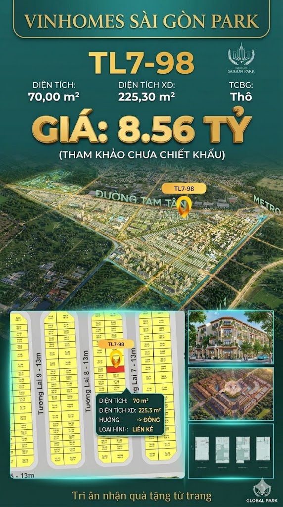 Nhà phố liền kề TL7-98 GLOBAL PARK Vinhomes Sài Gòn Park Giá 8.56 Tỷ