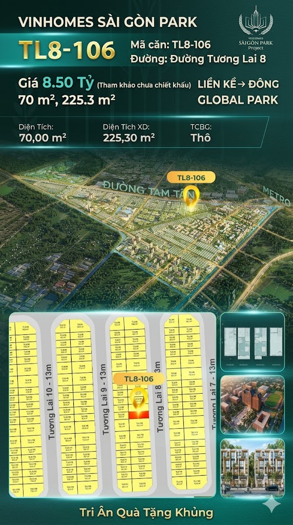 Nhà phố liền kề TL8-106 GLOBAL PARK Vinhomes Sài Gòn Park Giá 8.50 Tỷ