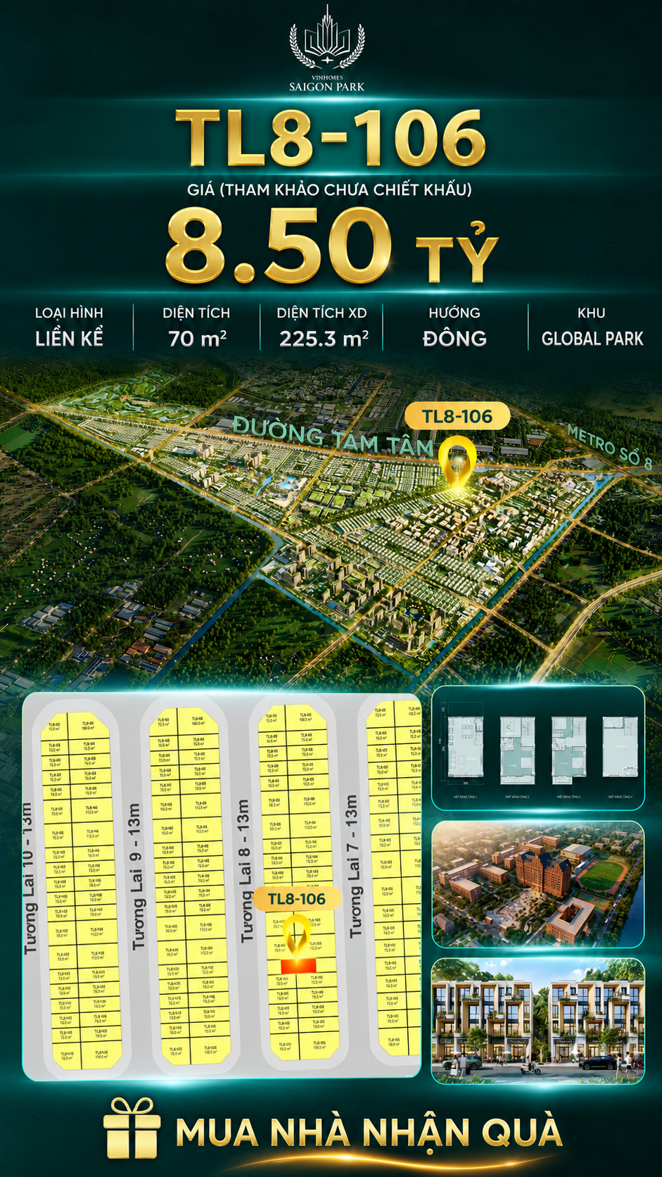 Nhà phố Vinhomes Sài Gòn Park TL8-106 PK Global Park giá 8.5 tỷ