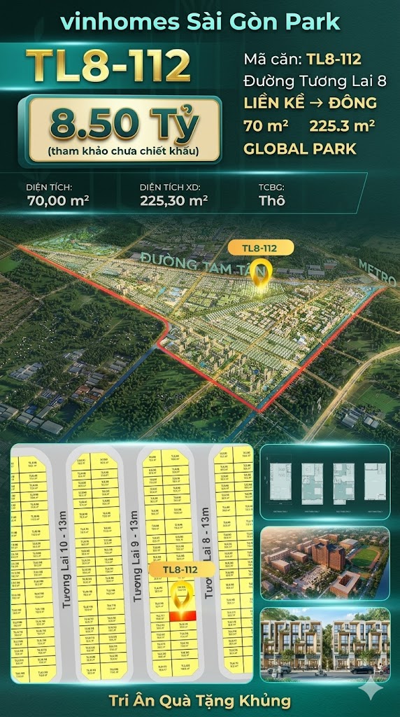Nhà phố liền kề TL8-112 GLOBAL PARK Vinhomes Sài Gòn Park Giá 8.50 Tỷ