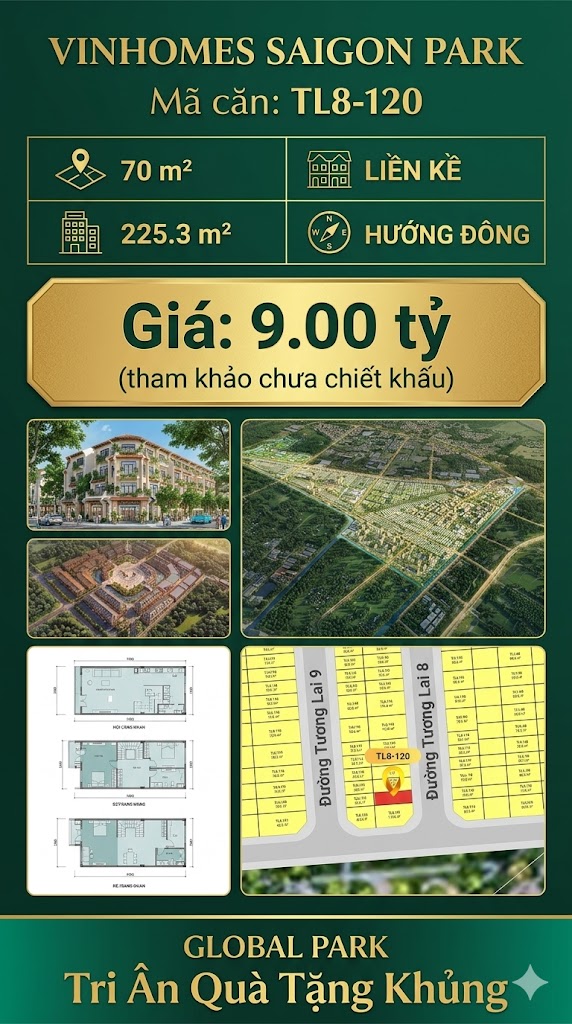 Nhà phố liền kề TL8-120 GLOBAL PARK Vinhomes Sài Gòn Park Giá 9.00 Tỷ