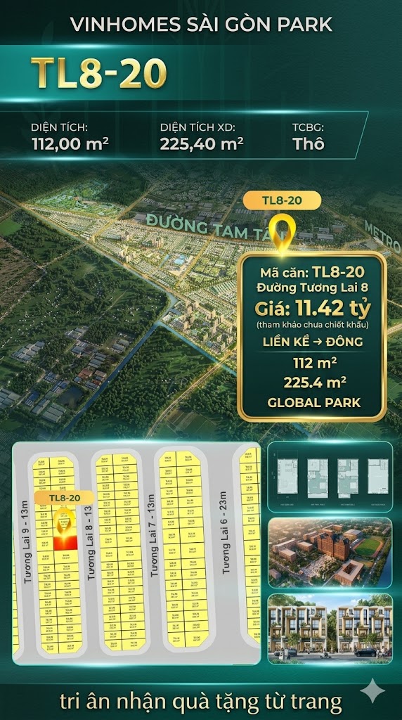 Nhà phố liền kề TL8-20 GLOBAL PARK Vinhomes Sài Gòn Park Giá 11.42 Tỷ
