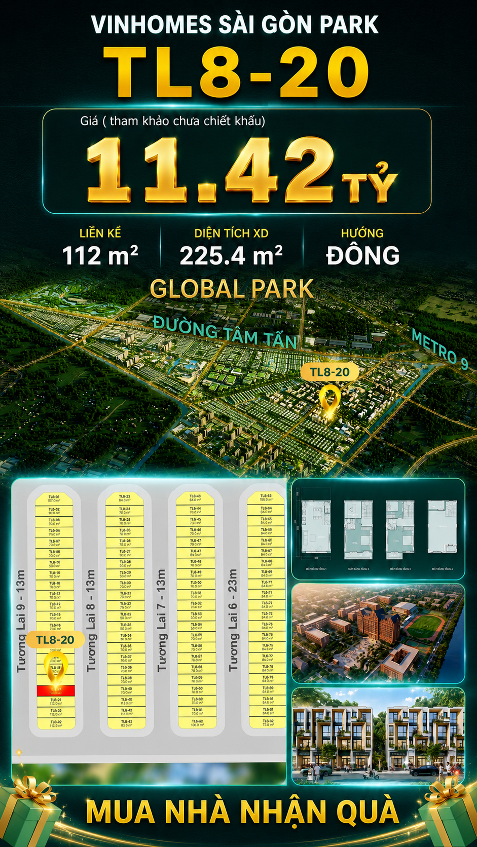 Nhà phố Vinhomes Sài Gòn Park TL8-20 PK Global Park giá 11.42 tỷ
