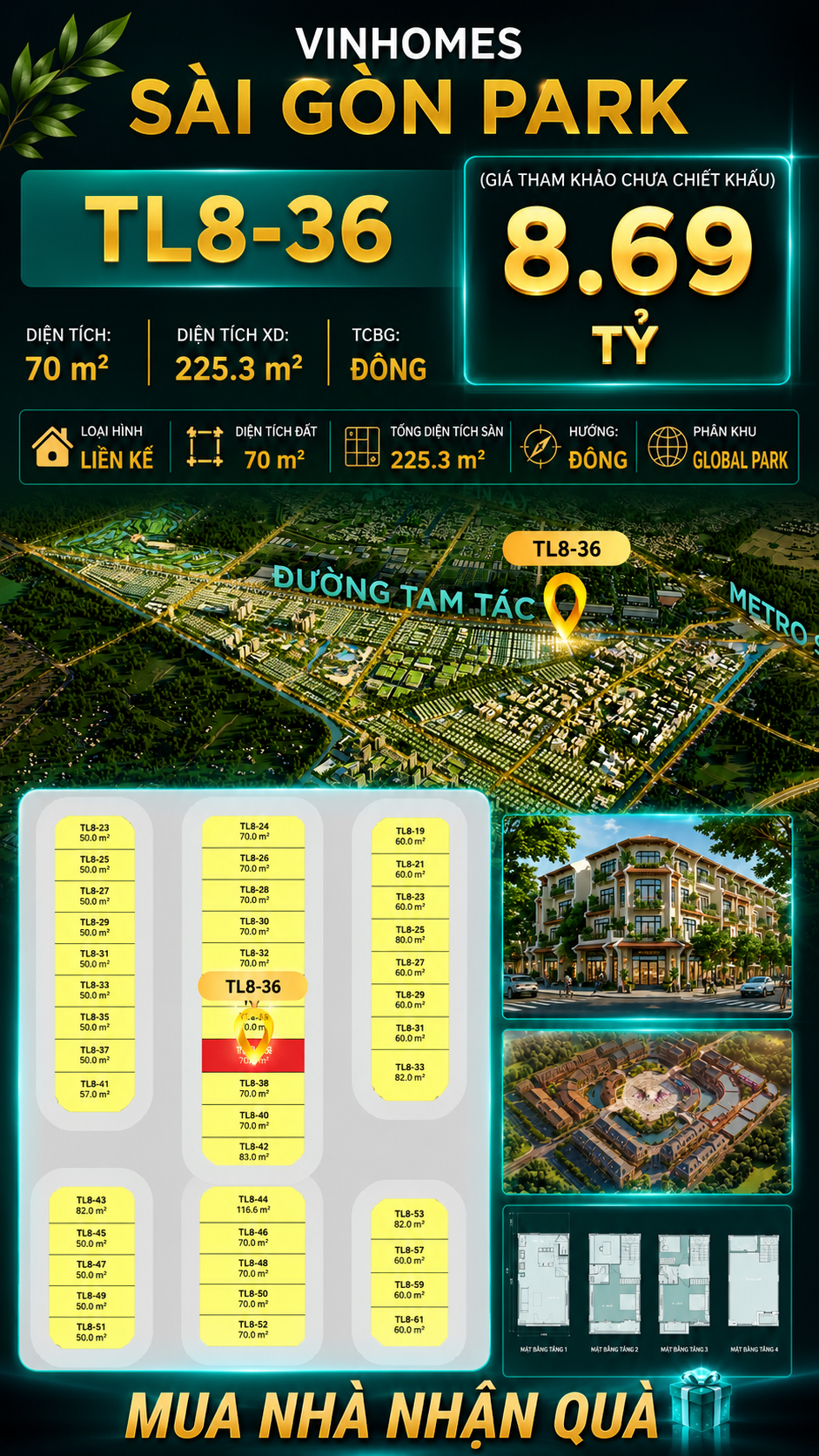 Nhà phố Vinhomes Sài Gòn Park TL8-36 PK Global Park giá 8.69 tỷ