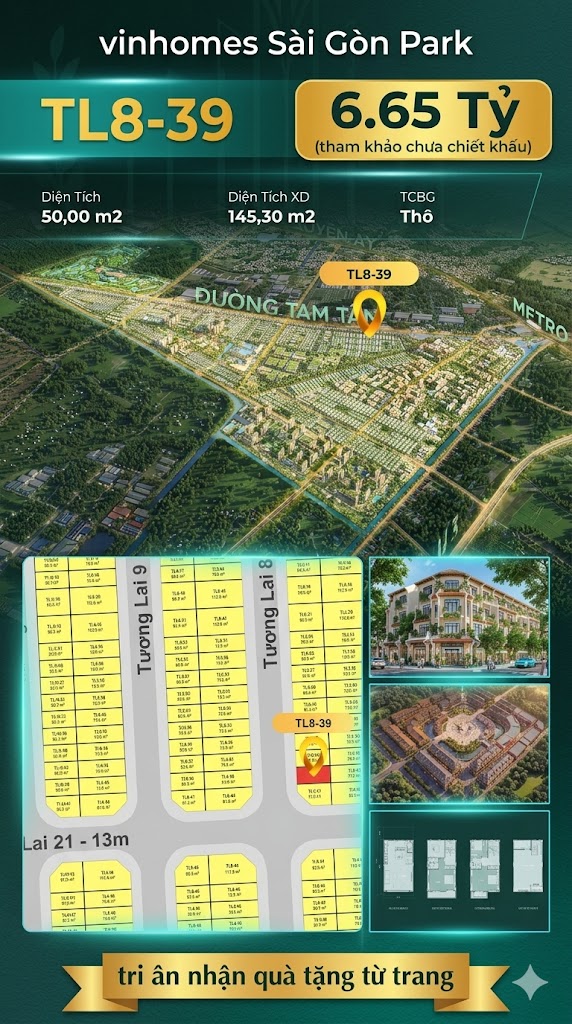 Nhà phố liền kề TL8-39 GLOBAL PARK Vinhomes Sài Gòn Park Giá 6.65 Tỷ