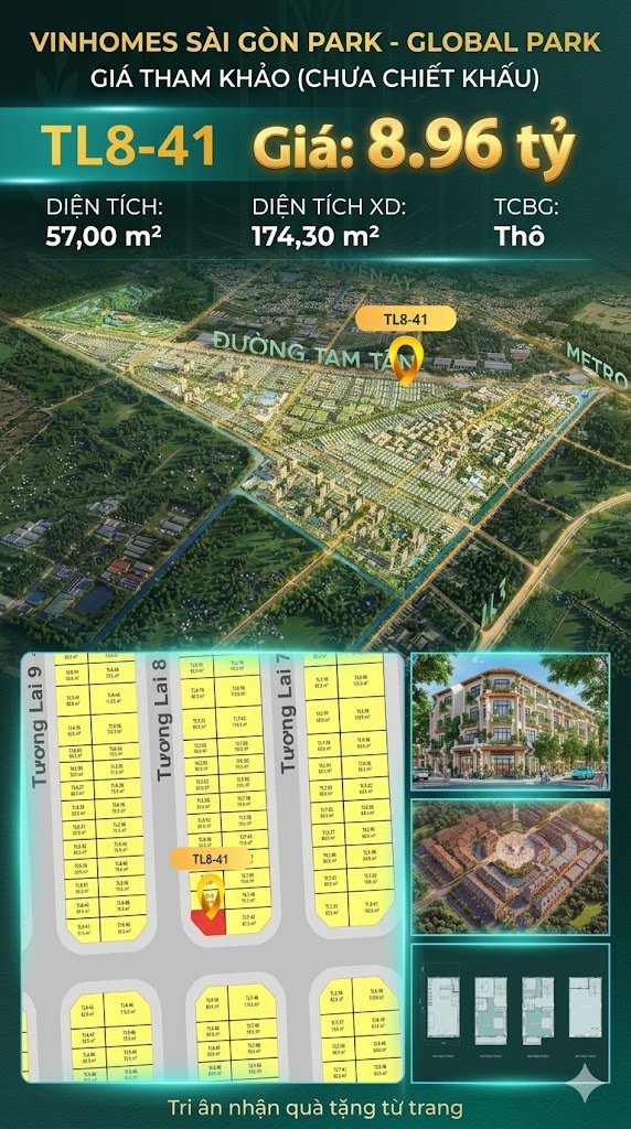 Nhà phố liền kề góc TL8-41 GLOBAL PARK Vinhomes Sài Gòn Park Giá 8.96 Tỷ