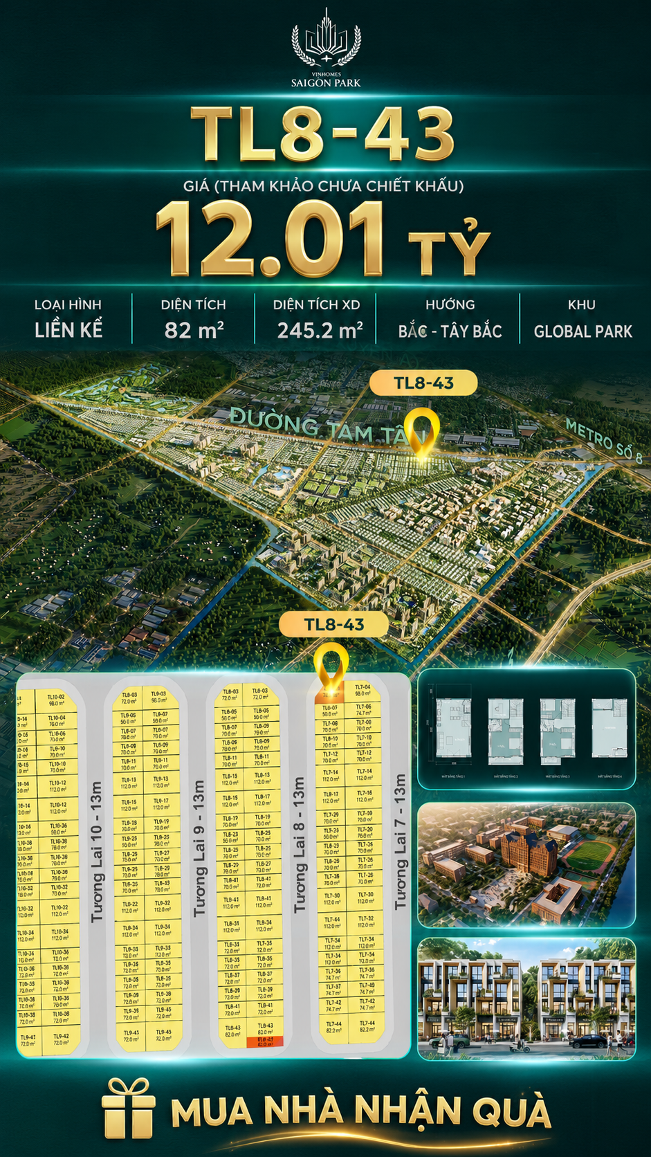 Nhà phố Vinhomes Sài Gòn Park TL8-43 PK Global Park giá 12.01 tỷ
