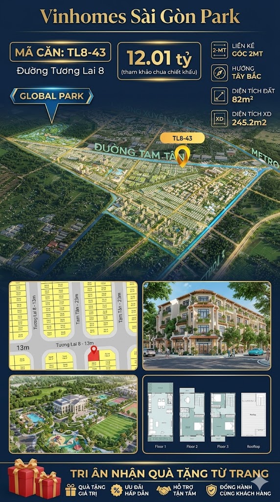 Nhà phố liền kề góc TL8-43 GLOBAL PARK Vinhomes Sài Gòn Park Giá 12.01 Tỷ