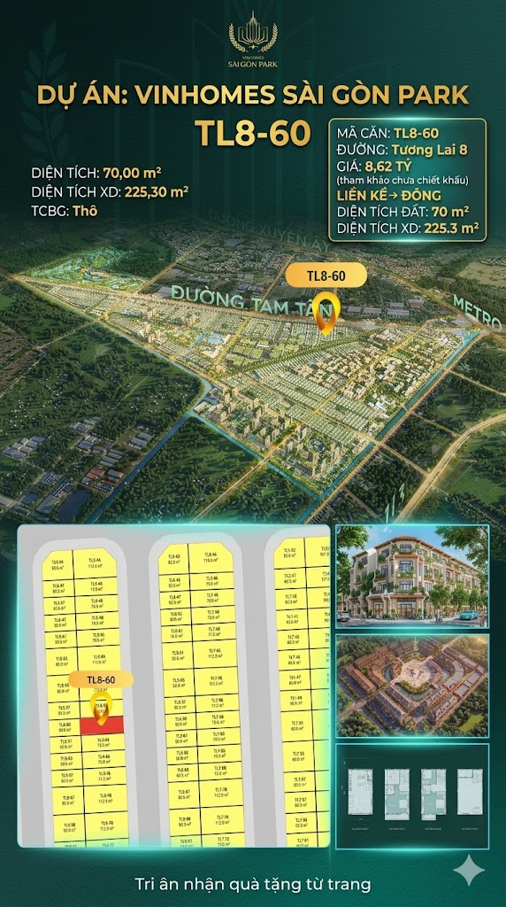 Nhà phố liền kề TL8-60 GLOBAL PARK Vinhomes Sài Gòn Park Giá 8.62 Tỷ