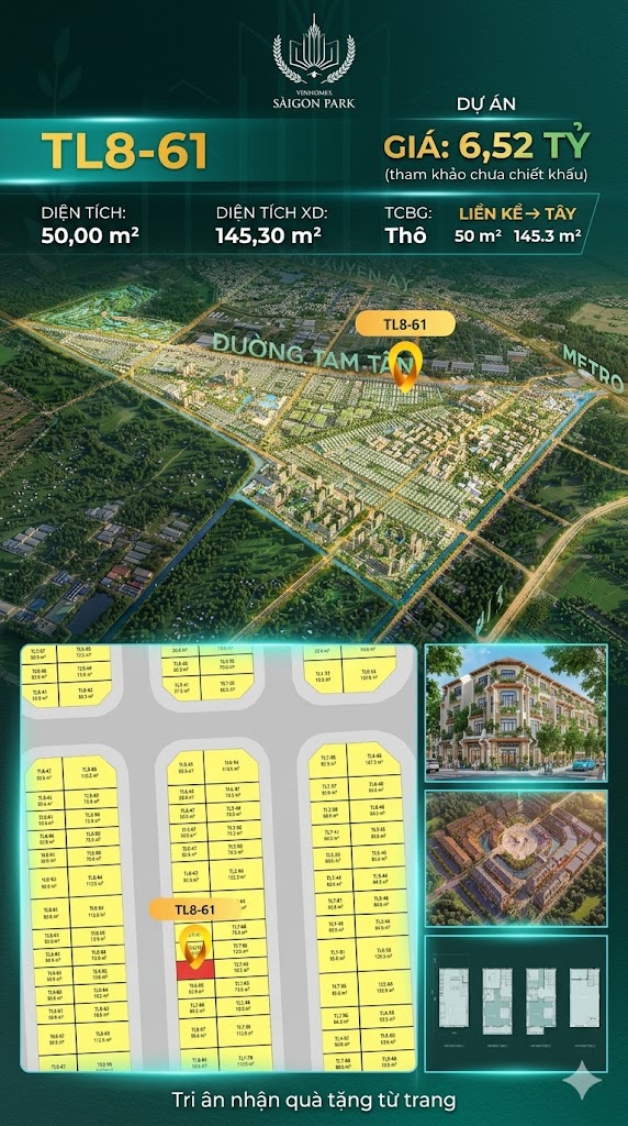 Nhà phố liền kề TL8-61 GLOBAL PARK Vinhomes Sài Gòn Park Giá 6.52 Tỷ