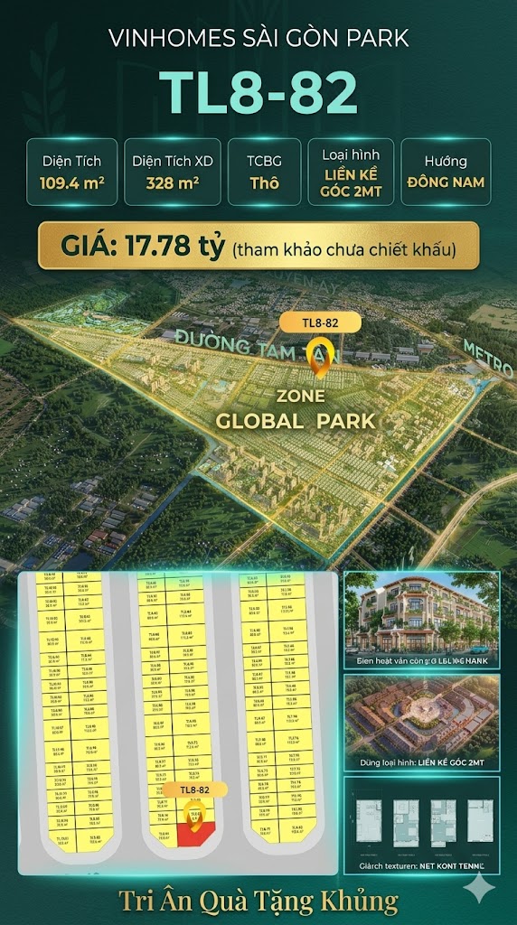 Nhà phố liền kề góc TL8-82 GLOBAL PARK Vinhomes Sài Gòn Park Giá 17.78 Tỷ