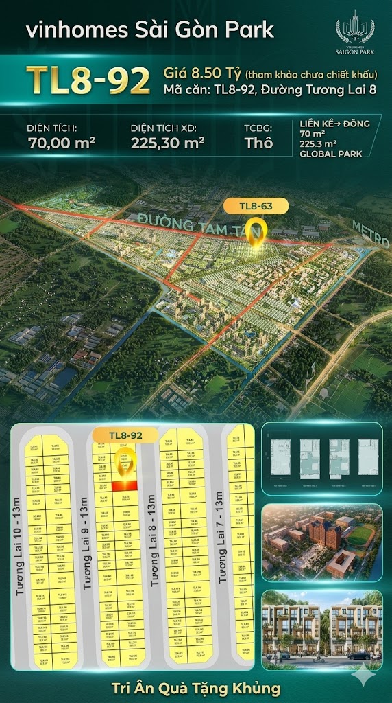 Nhà phố liền kề TL8-92 GLOBAL PARK Vinhomes Sài Gòn Park Giá 8.50 Tỷ