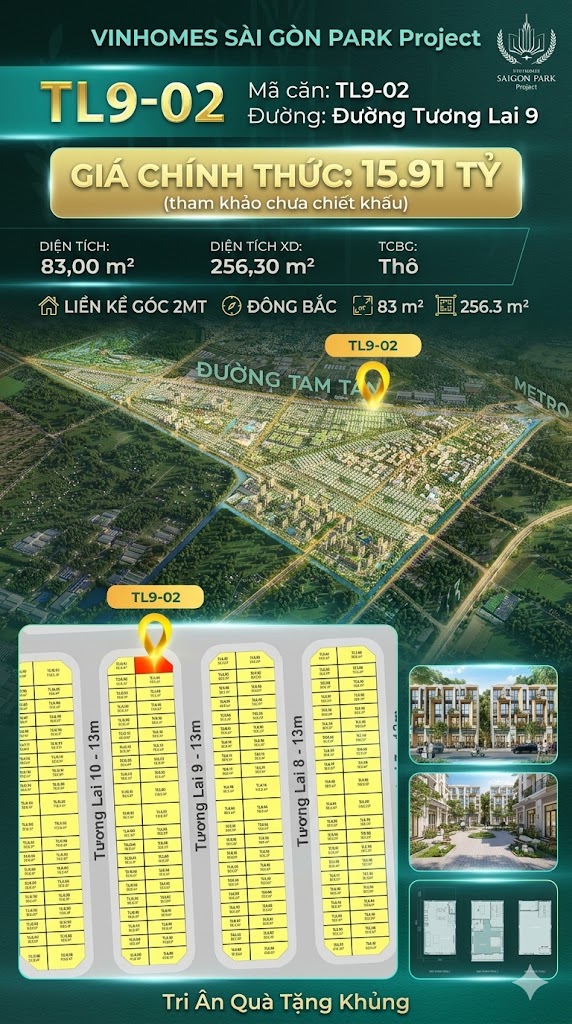Nhà phố liền kề góc TL9-02 GLOBAL PARK Vinhomes Sài Gòn Park Giá 15.91 Tỷ
