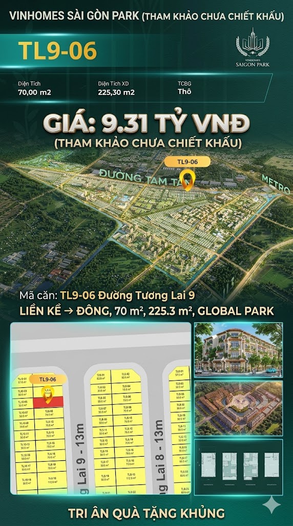 Nhà phố liền kề TL9-06 GLOBAL PARK Vinhomes Sài Gòn Park Giá 9.31 Tỷ