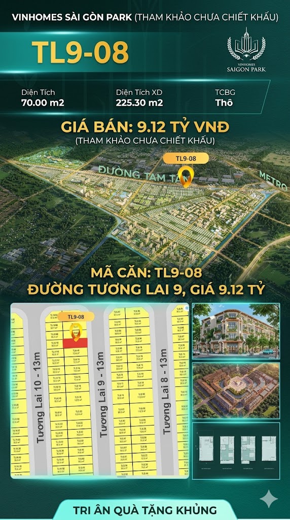 Nhà phố liền kề TL9-08 GLOBAL PARK Vinhomes Sài Gòn Park Giá 9.12 Tỷ