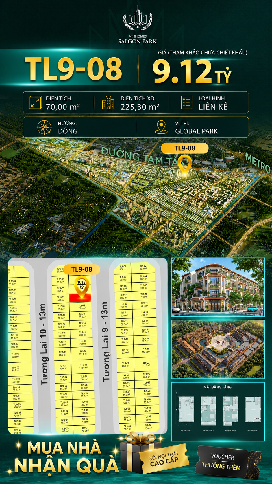 Nhà phố Vinhomes Sài Gòn Park TL9-08 PK Global Park giá 9.12 tỷ