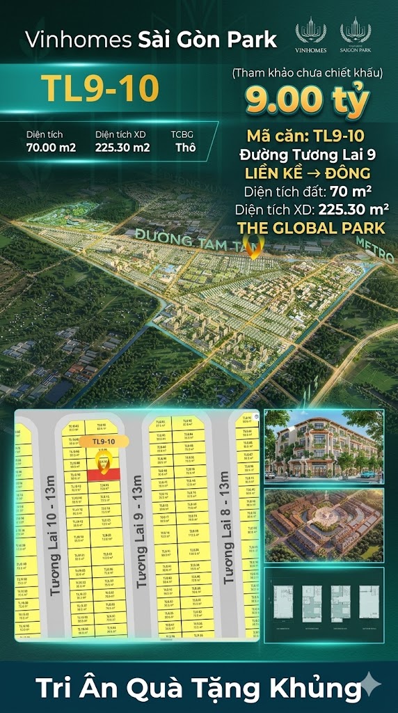Nhà phố liền kề TL9-10 GLOBAL PARK Vinhomes Sài Gòn Park Giá 9.00 Tỷ