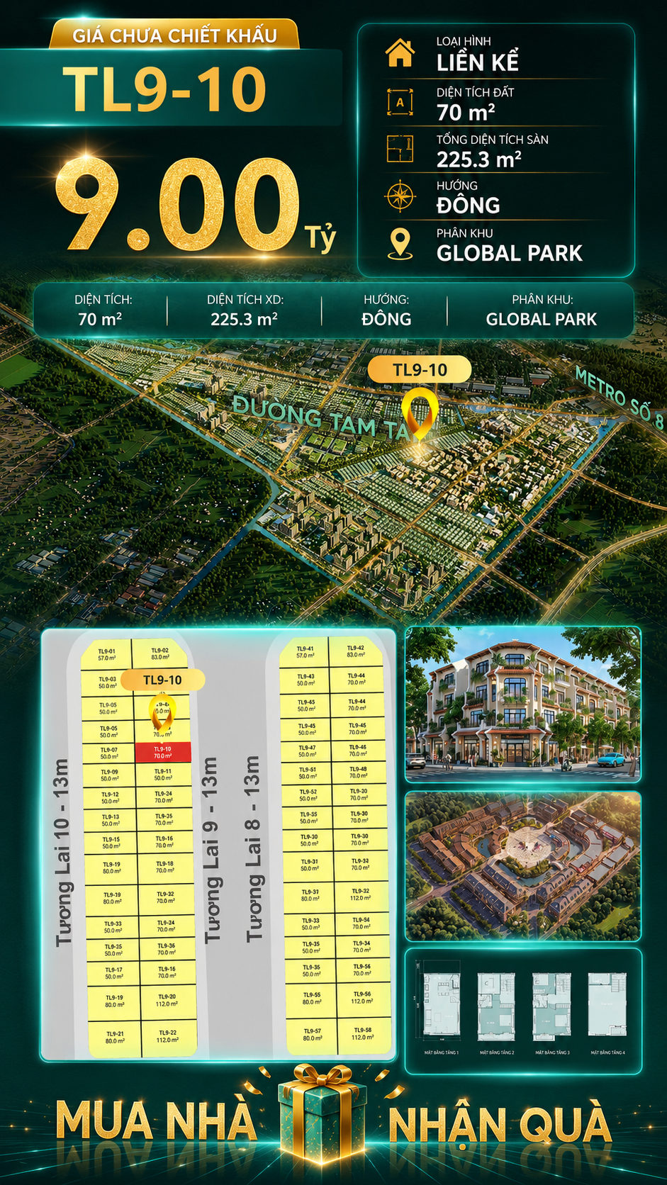 Nhà phố Vinhomes Sài Gòn Park TL9-10 PK Global Park giá 9.00 tỷ