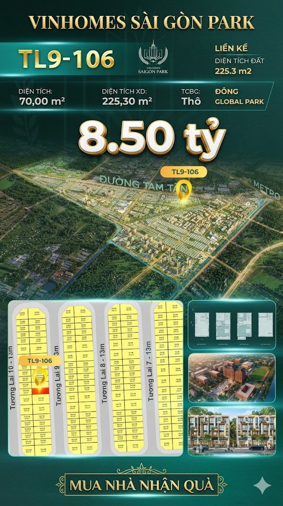 Nhà phố Vinhomes Sài Gòn Park TL9-106 PK Global Park giá 8.5 tỷ