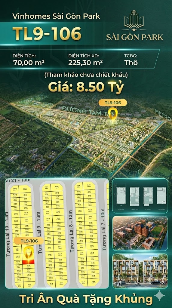 Nhà phố liền kề TL9-106 GLOBAL PARK Vinhomes Sài Gòn Park Giá 8.50 Tỷ