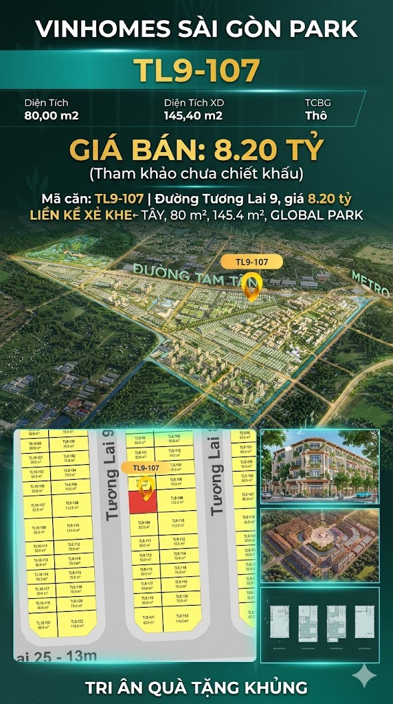 Nhà phố liền kề xẻ khe TL9-107 GLOBAL PARK Vinhomes Sài Gòn Park Giá 8.20 Tỷ