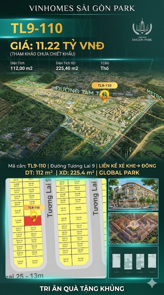 Nhà phố liền kề xẻ khe TL9-110 GLOBAL PARK Vinhomes Sài Gòn Park Giá 11.22 Tỷ