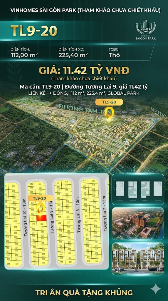Nhà phố liền kề TL9-20 GLOBAL PARK Vinhomes Sài Gòn Park Giá 11.42 Tỷ