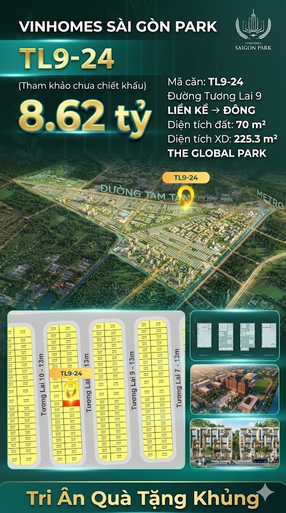 Nhà phố liền kề TL9-24 GLOBAL PARK Vinhomes Sài Gòn Park Giá 8.62 Tỷ