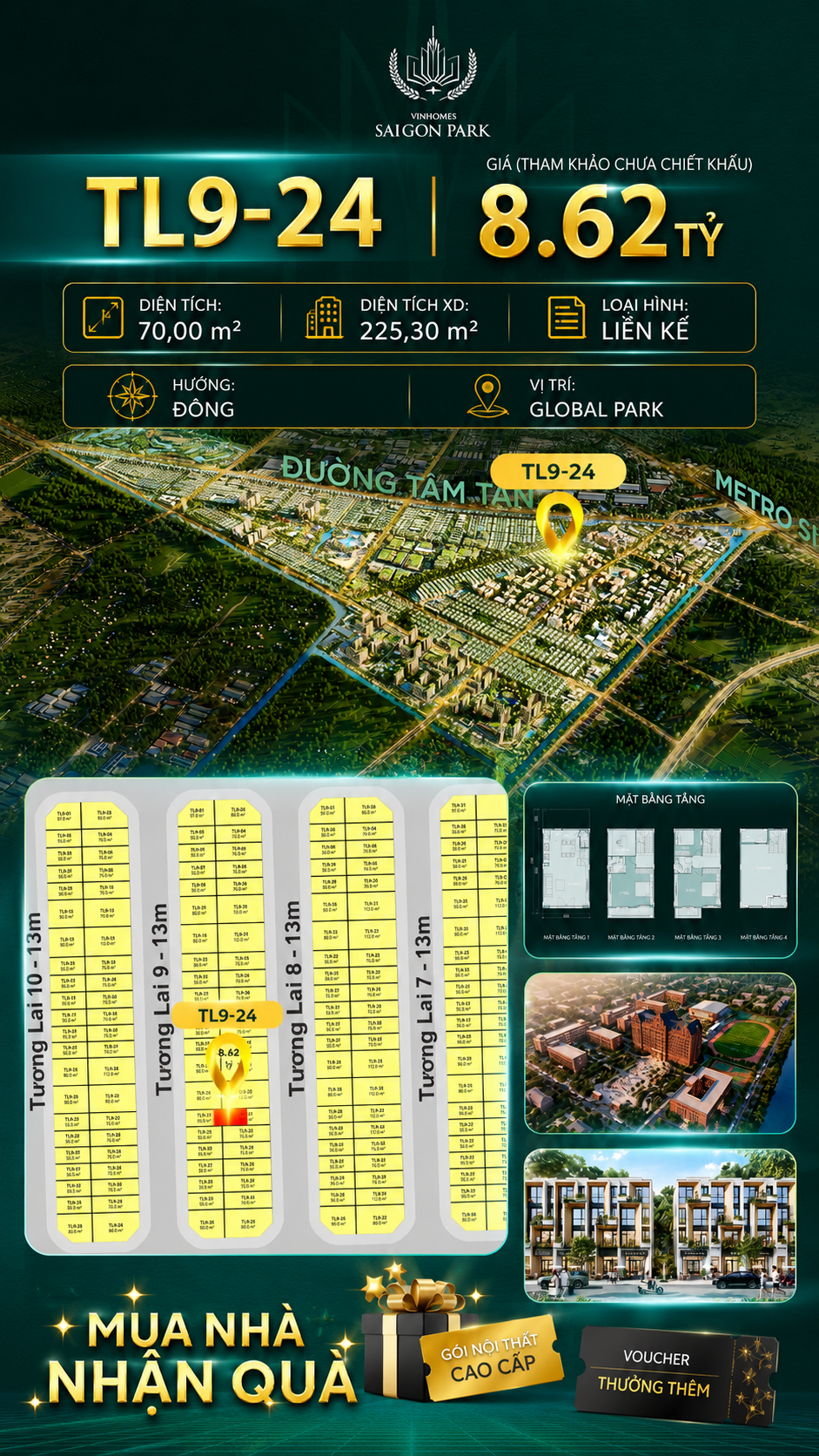Nhà phố Vinhomes Sài Gòn Park TL9-24 PK Global Park giá 8.62 tỷ