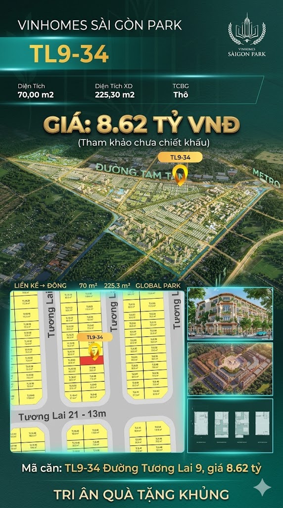 Nhà phố liền kề TL9-34 GLOBAL PARK Vinhomes Sài Gòn Park Giá 8.62 Tỷ