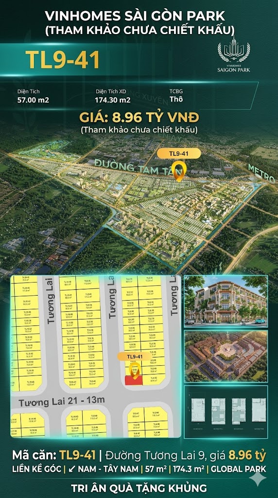 Nhà phố liền kề góc TL9-41 GLOBAL PARK Vinhomes Sài Gòn Park Giá 8.96 Tỷ