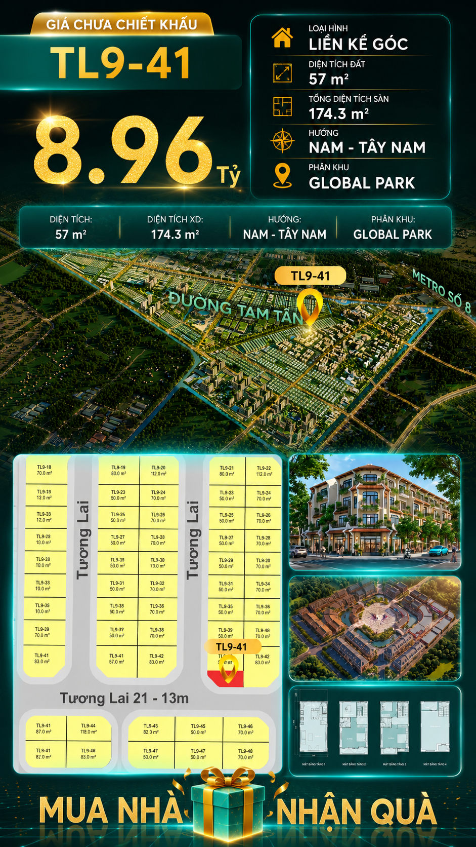 Nhà phố Vinhomes Sài Gòn Park TL9-41 PK Global Park giá 8.96 tỷ