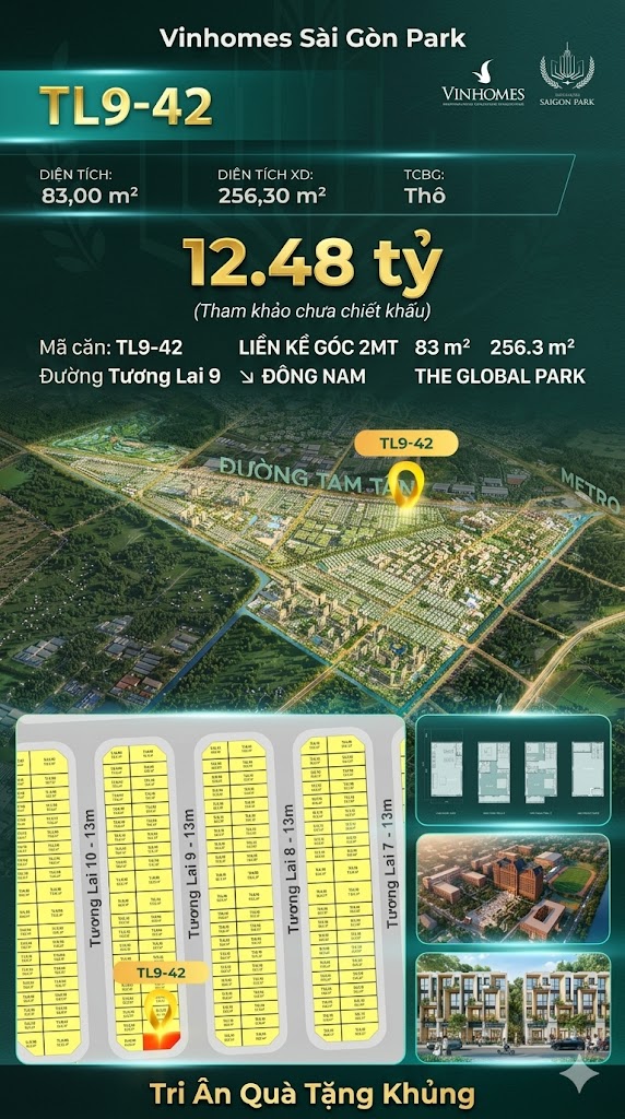 Nhà phố liền kề góc TL9-42 GLOBAL PARK Vinhomes Sài Gòn Park Giá 12.48 Tỷ