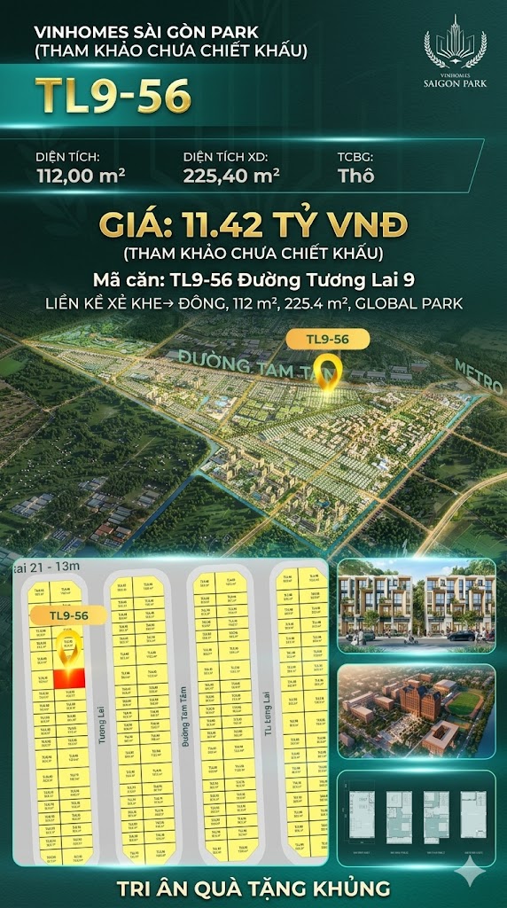 Nhà phố liền kề xẻ khe TL9-56 GLOBAL PARK Vinhomes Sài Gòn Park Giá 11.42 Tỷ