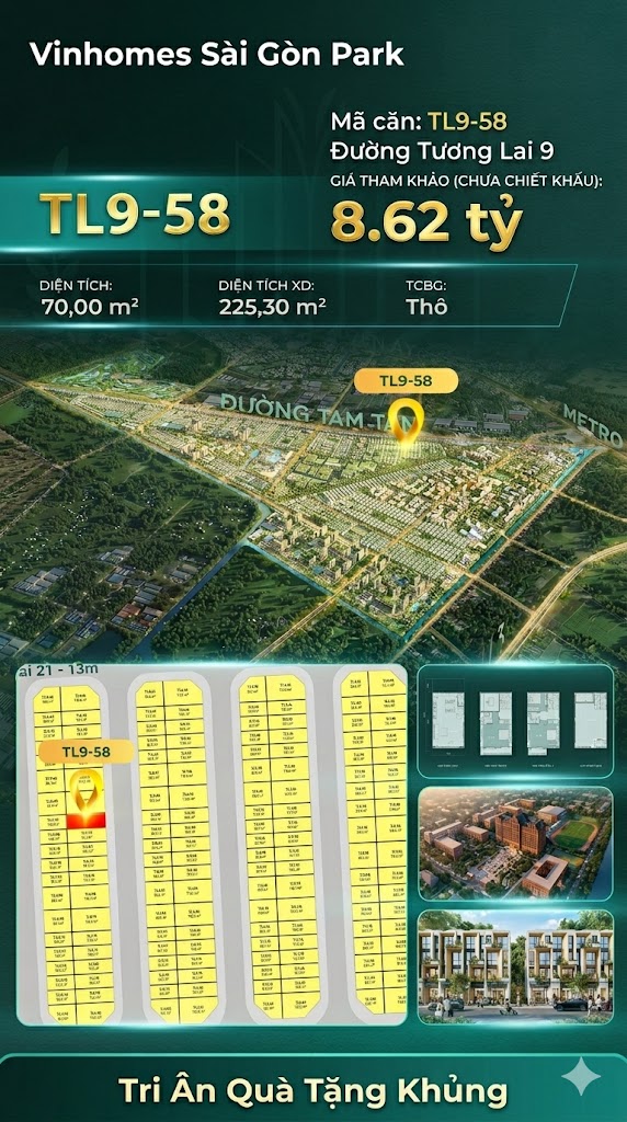 Nhà phố liền kề TL9-58 GLOBAL PARK Vinhomes Sài Gòn Park Giá 8.62 Tỷ