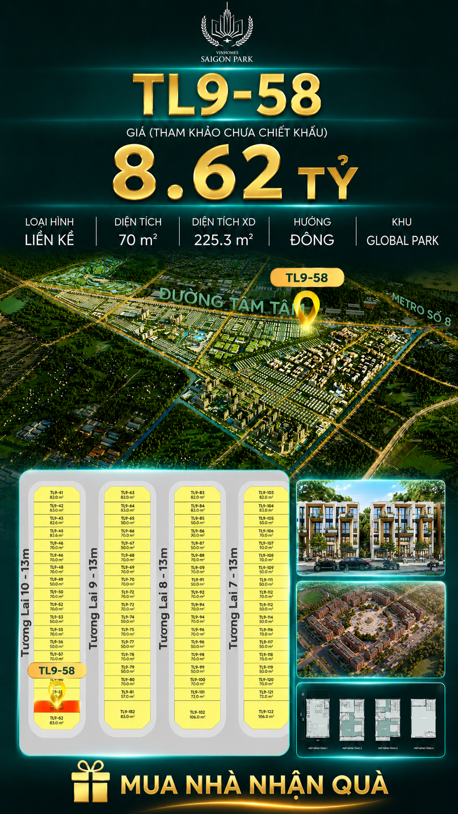 Nhà phố Vinhomes Sài Gòn Park TL9-58 PK Global Park giá 8.62 tỷ