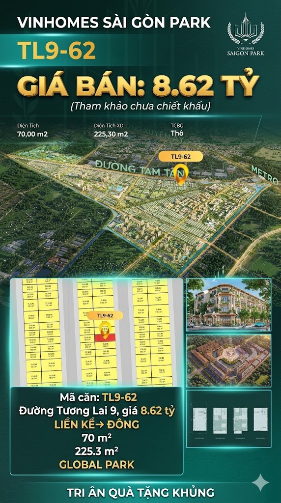 Nhà phố liền kề TL9-62 GLOBAL PARK Vinhomes Sài Gòn Park Giá 8.62 Tỷ
